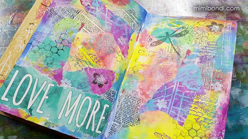 Love More mixed media art journal spread by Mimi Bondi