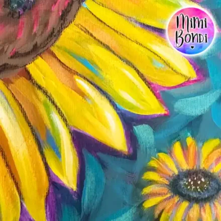 Detail of Together family love sunflower painting mixed media whimsical MIMI BONDI