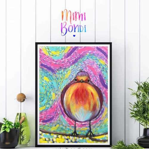 Harold, whimsical bird, funny colourful mixed media painting by MIMI BONDI