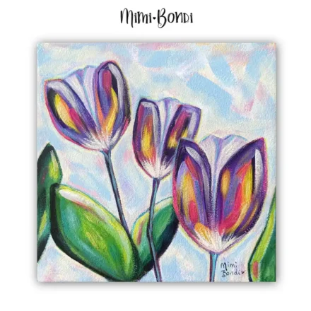 Bold Tulips, a floral painting radiating with lively colours and sunny warmth by MIMI BONDI