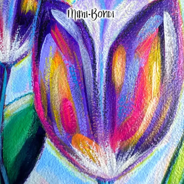 Bold Tulips, close up, a colourful whimsical tulip painting. by MIMI BONDI