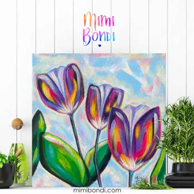 Bold Tulips, colourful whimsical tulip painting. by MIMI BONDI
