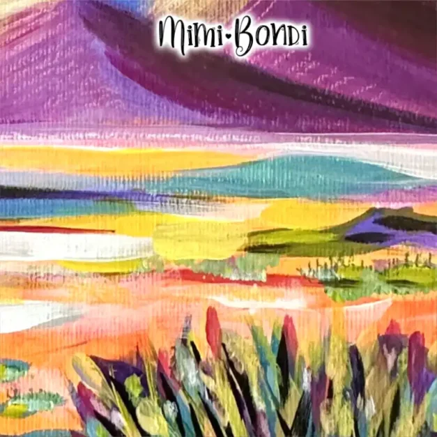 Close up of Desert Mirage, a colourful whimsical desert painting MIMI BONDI