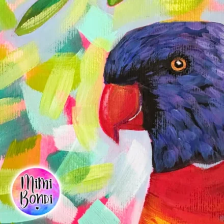 Joyful Mischief A funny whimsical lorikeet painting mixed media MIMI BONDI