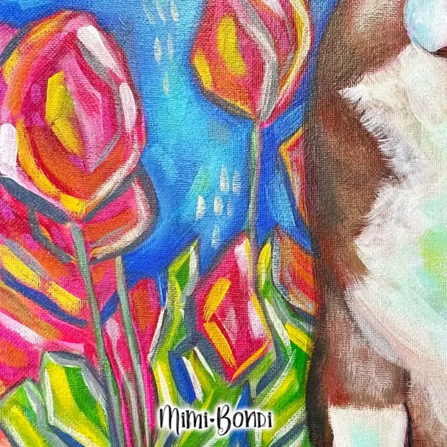Clover, a corgi painting full of joy and mischief (detail) MIMI BONDI