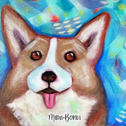 Clover, a corgi painting full of joy and mischief (face close up) MIMI BONDI