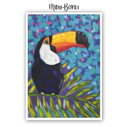 Rainforest Jewel, a colourful painting featuring a majestic (and cheeky) toucan by MIMI BONDI