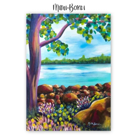A Peaceful View - a colourful painting inviting you to connect with your surroundings - MIMI BONDI.