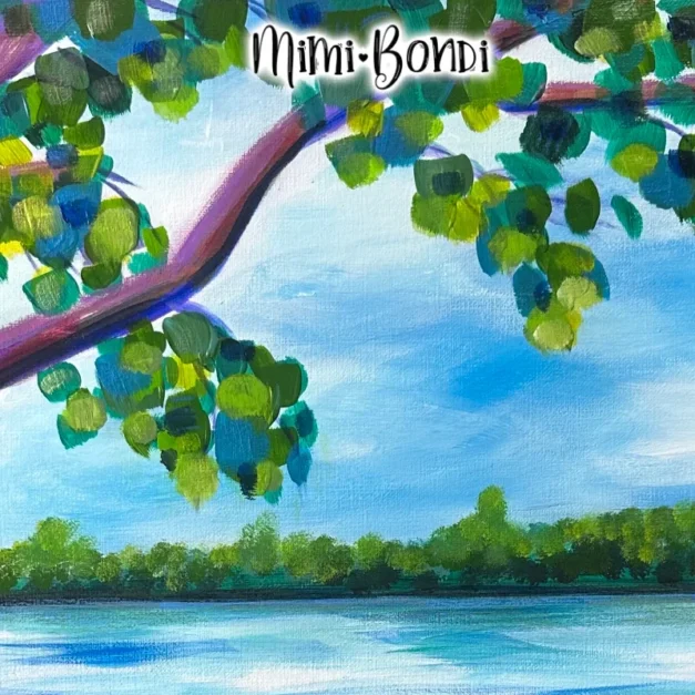 Detaiil of A Peaceful View - a colourful painting inviting you to connect with your surroundings - MIMI BONDI