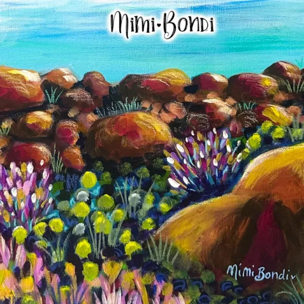 Detaiil & signature of A Peaceful View - a colourful painting inviting you to connect with your surroundings - MIMI BONDI