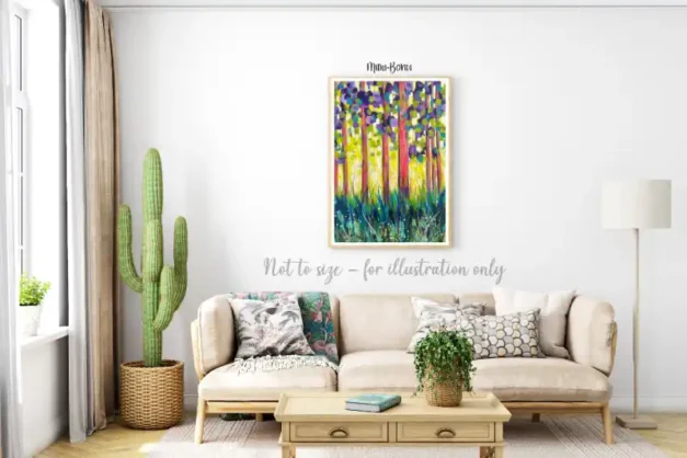 Mockup of Golden Morning, a luminous landscape forest painting by MIMI BONDI