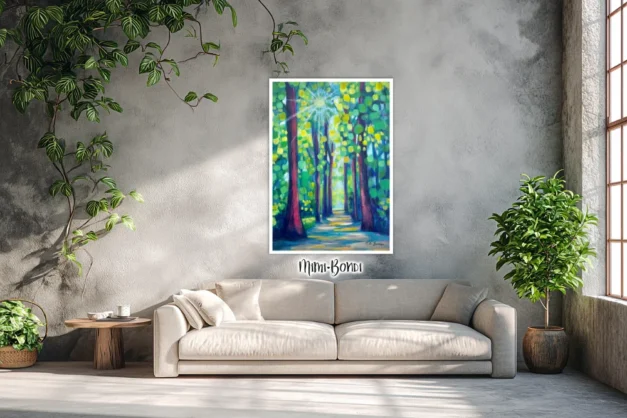 Mockup of Magical Forest - a vibrant painting inviting you to wander, and wonder - by MIMI BONDI