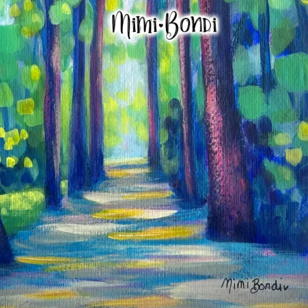 Signature on Magical Forest - a vibrant painting inviting you to wander, and wonder - MIMI BONDI